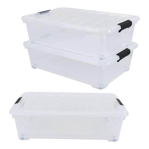 25 Quart Plastic Under Bed Storage Boxes, Wheeled UnderBed Storage Container, 3 Pack, Clear - size: 25 Quart