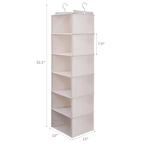 Large Hanging Sweater Organizer for Closet,Collapsible 6-Shelf Hanging Closet Shelves with Drawers, Washable (Beige -6 Shelf-2 d) - color: Beige, size: 6 Shelf with 2 drawers