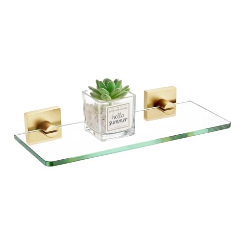 KOKOSIRI Wall Shelves 12 Inches Tempered Glass Shelf Floating Rack for Kitchen Storage Home Decor Bathroom Hardware, Gold Stainless Steel B1107BG-L12 - color: Brushed Gold, size: 12-Inch