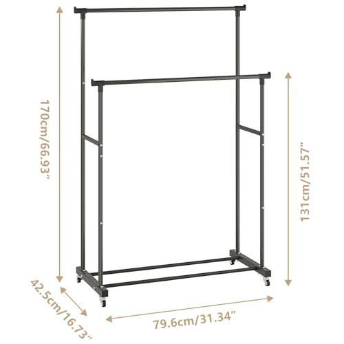 Calmootey Double Rods Clothes Garment Rack, Rolling Clothing Rack for Hanging Clothes, Coat Storage, Organizer for Bedroom, Livingroom, Apartments, Black