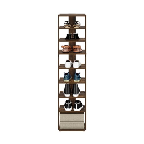 Furinno Compact Vertical Shoe Rack, 9-Tier Narrow Shoe Organizer, Free Standing Shoe Storage, Shoe Shelf for Boots, Sneakers, 12 x 12.6 x 51, for Closet, Entryway, Office, Garage, Amber Pine - color: Amber Pine, size: 9-tier, 51.2 Inch