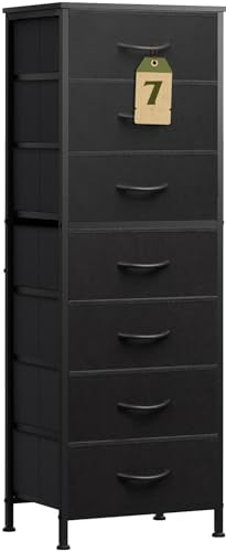 WLIVE Black Tall Dresser for Bedroom, 7 Drawer Dressers & Chests of Drawers, Fabric Dresser for Closet, Living Room, Night Stand with Metal Frame, Storage Tower with Fabric Bins, Wood Top - color: Black, size: 11.73"D x 15.67"W x 45.28"H