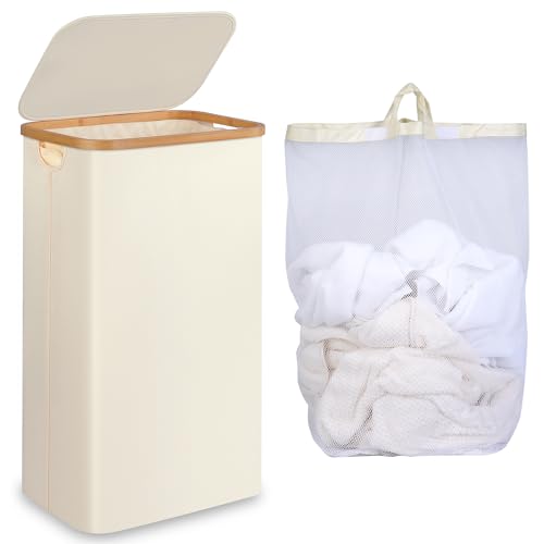 iEGrow Slim Laundry Hamper,75L Beige Narrow Laundry Basket with Lid,Foldable Clothes Hamper with Bamboo Handles,Hamper Basket with Removable Inner Bag for Laundry Room Bedroom College Dorm - color: Beige, size: 75L
