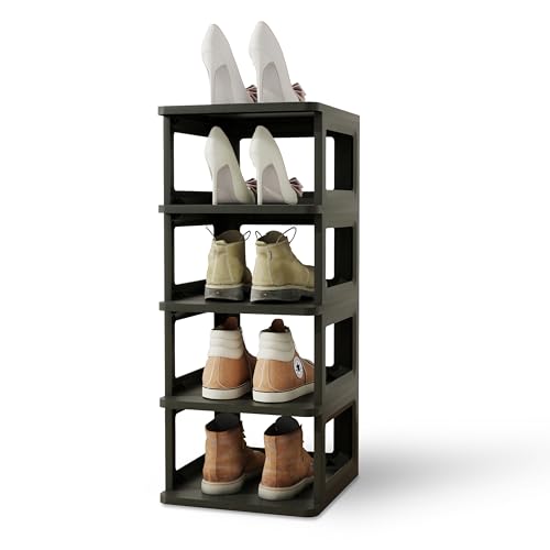 SEE SPRING 5-Tier Stackable Shoe Rack Organizer – Plastic Shoe Storage Shelf for Entryway, Closet, Bedroom – Holds Size 13 Shoes, Space-Saving & Sturdy (Black) - color: Black