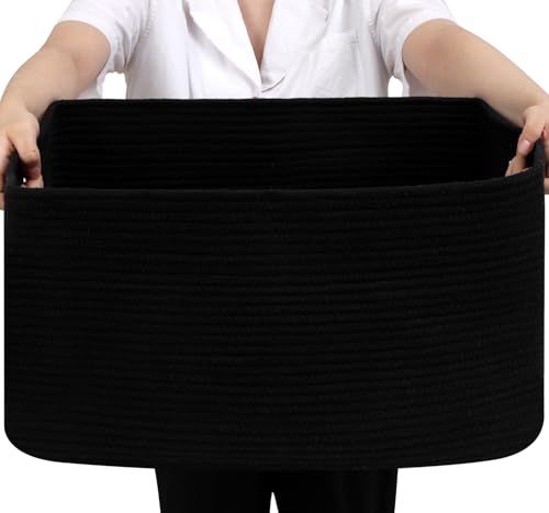 Optish 75L Blanket Basket, Large Woven Baskets for Storage, Blanket Storage for Living Room, Rope Basket with Handles for Bedroom, Nursery, Toys, Clothes, 22” x 17” x 11.5”, Black - color: Black, size: 22" x 17" x 11.5"(75L)