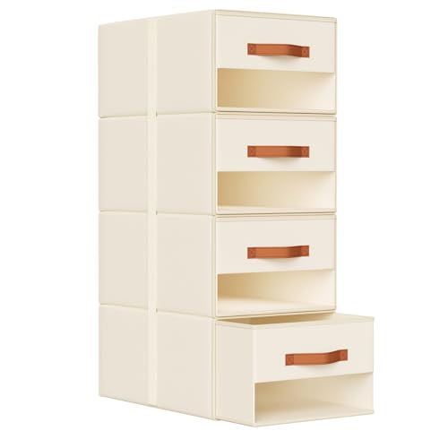 DIMJ Closet Organizers and Storage - Pull-out Fabric Bins with Drawers for Closet Foldable Clothes Organizers with Clear Window, Stackable Storage Drawers for Bedroom,Living Room,Shelf,4-Pack, Beige - color: Beige, size: 4 Pack