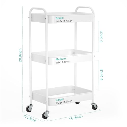 3-Tier Rolling Metal Storage Cart with Wheels, Multi-Functional Organizer for Office, Kitchen, Bathroom, Books Diapers - Easy Assembly (White) - color: White