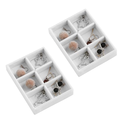 Frebeauty Small Jewelry Tray Set,Stackable Velvet Jewelry Organizer Tray,Mini Jewelry Drawer Organizer,Drawer Inserts,4.92 x 3.74 x 0.9 Inches,6 Grid Earring Organizer for Women(Set 2,White) - color: White, size: 6 Grids Set 2