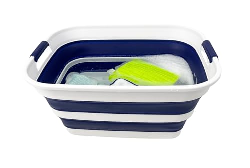 SAMMART Collapsible Plastic Laundry Basket with Handle/Foldable Pop Up Storage Hamper/Portable Laundry Organizer-Space Saving Washing Tub/Household Storage (White/Starry Blue, 27L (Set of 2)) - color: White/Starry Blue, size: 27L (Set of 2)