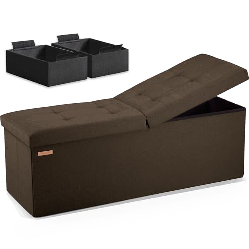 HAUSFRAU Storage Ottoman Bench with Flipping Lid, 43.3 Inches Storage Chest Footsrest, Folding Foot Stool for Entryway, Living Room, Bedroom, Linen Espresso Brown - color: Espresso, size: 15"D x 43.5"W x 15"H