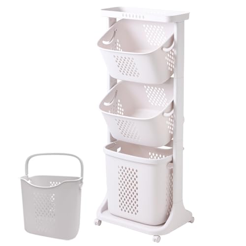 Japard 83 Litres Rolling Laundry Hamper Ultra Slim, Vertical 3 Sorter Cart with Wheels and Breaks, 3-tier Baskets Detachable for Dorm, Closet, Easy Assembly White Gray - size: 3 Tier