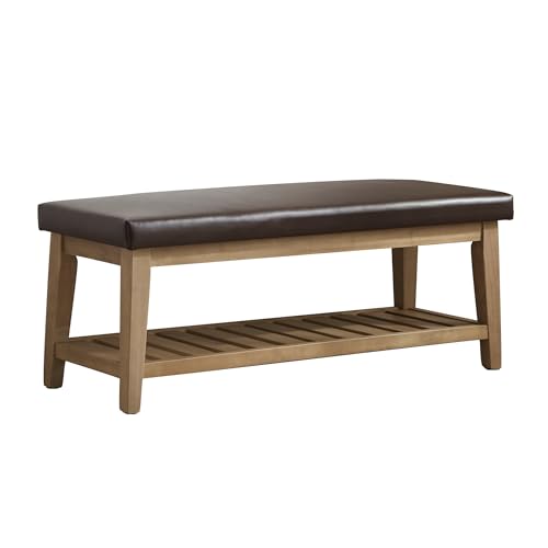 HUIMO Entryway Shoe Bench with Cushion, End of Bed Bench,Upholstered Bench for Kitchen, Bench with Solid Wood Shelf, Leather Ottoman Bench for Hallway, Living Room (PU-Brown) - color: Pu-brown