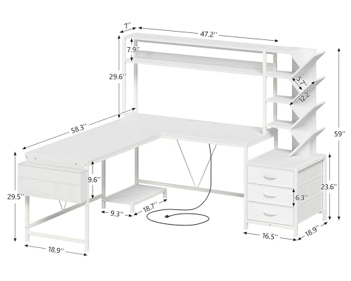 YOMILUVE L Shaped Desk with Hutch, Reversible Computer Desk with Drawers and Bookshelf, Home Office Desks with Storage Shelves for Bedroom Home Office, White - color: White