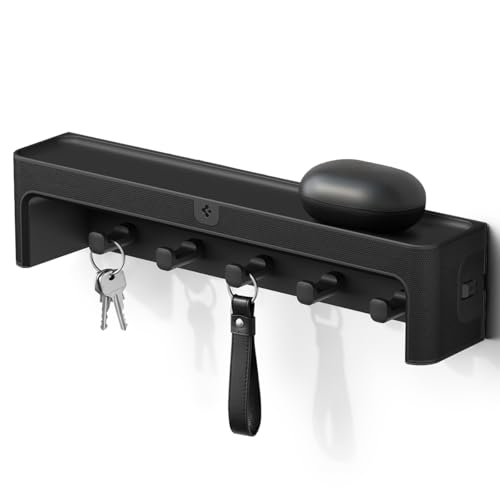 Spigen Key Holder Wall Mount with Adhesive Hooks and Organizer Tray for Wallet, Watch, Sunglasses – Entryway Shelf Rack for Door, Home, or Living Room – Black - style: Key Holder