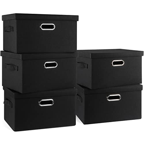 Graciadeco Medium 15" 21 Quart Collapsible Stackable Storage Bins with Lids, 5 Packs Black Foldable Fabric Closet Storage Boxes with Lids, Lidded Heavy-duty Linen Baskets(15x11x8) - color: Black, size: Medium -5 Pack
