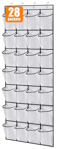 MISSLO 28 Large Pockets Over The Door Shoe Rack Hanging Shoe Organizer for Closet Door Shoe Storage Holder Mesh Hanger, White - color: White, size: 22.6x65