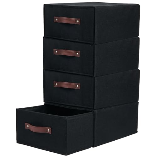 4PCS Closet Drawer Organizer Stackable Fabric Storage Boxes Bins Baskets with Lid PU Leather Handles Foldable Washable Cotton Linen Wardrobe Shelf Cloth Towels Container (Black, Large) - color: Black, size: Large ( Set of 4 )