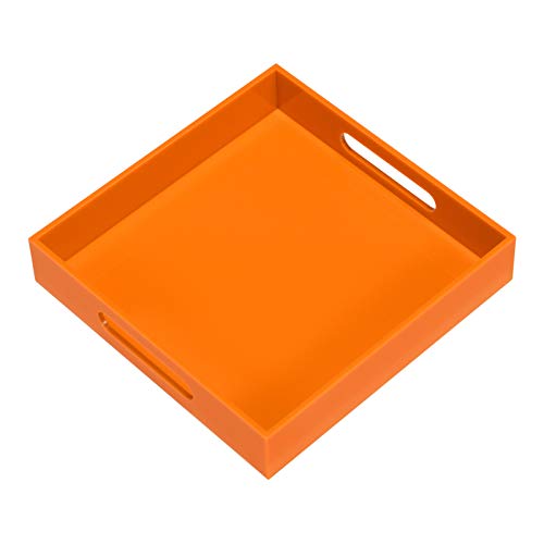 KEVLANG Orange Sturdy Acrylic Serving Tray with Handles-10x10Inch-Serving Coffee,Food,Breakfast,Butler-Kitchen Countertop Tray-Makeup Drawer Organizer-Vanity Table,Ottoman Tray-Decorative Tray - color: Glossy Orange, size: 10" x 10" x 2"