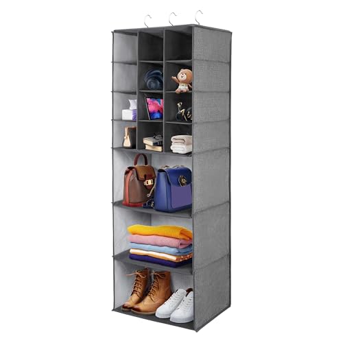 Libeder Shoe Organizers for Closet, 15 Shelf Hanging Closets Storage Shelves,12 Rack Organizer 3 Large Compartment for Clothes, Space Saving for Shoes with 3 Metal Hook(Grey) - color: Grey-1