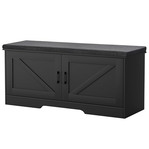 HOMSHO 2-Tier Storage Bench, 39.4" Wide Shoe Bench with Padded Seat Cushion, Entryway Bench with 2 Barn Doors and Adjustable Shelf, Black - color: Black, size: 39.4" Wide