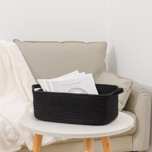CubesLand Cute and Durable Small Cotton Rope Basket for Organizing, Woven Closet Storage Bin,Shelves Closet Storage Basket, Bathroom Storage Organizer Bin, Nursery Toy Basket Bin, Black Basket - color: Black, size: 14''x10''x5''