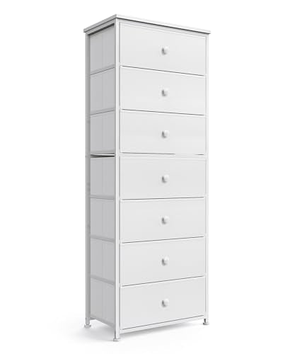 Mifuro Tall Fabric Dresser for Bedroom, Vertical Storage Organizer Tower with 7 Drawers, Chest of Drawers with Bins, Steel Frame, Wood Top for Bedroom, Closet, Entryway White - color: White, size: 7 Large Drawers