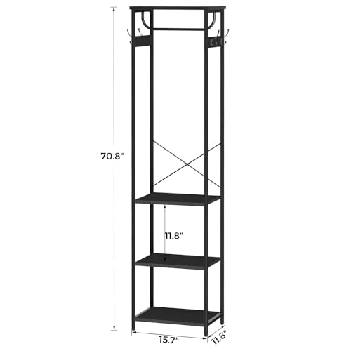 Coat Rack With Hanging Rod, Garment Rack With 3 Wooden Shelves and 4 Hooks, Freestanding Hall Tree, Industrial Clothes Rack Stand Organizer, Black - color: Black, style: with Top Shelf