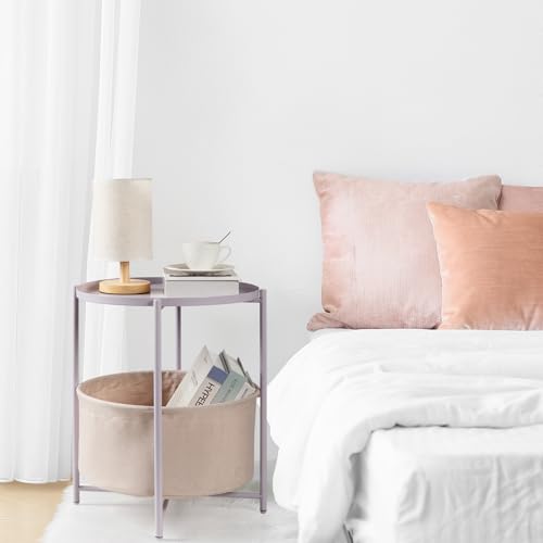danpinera Round Side Table with Fabric Storage Basket, Metal Side Table Small Bedside Nightstand with Removable Tray Top for Living Room, Bedroom, Nursery, Laundry, Light Violet - color: Light Violet