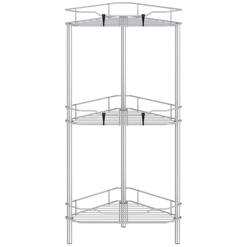 HuggieGems 3 Tier Floor Standing Corner Shower Caddy Organizer Shelf with Hooks, Bathroom Shelves Stand Rack, Silver - color: Silver, size: 3 Tier