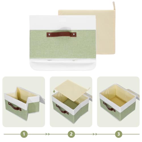 ANMINY Storage Boxes with Lids Washable Decorative Storage Bins Basket with PU Leather Handle Foldable Linen Fabric Storage Cubes Containers for Home Closet Organizer - Green White, Small Size - color: Green White, size: Small (Pack of 1)
