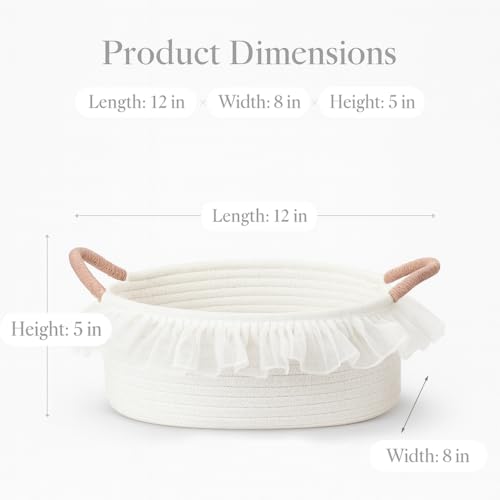 Cotton Rope Gift Basket with Handle– White Woven Storage Basket with Organza Lace, Decorative Bin for Baby Shower, Housewarming, Nursery, Toys, Towels, Baby Accessories, Easter, Holiday Gifts - color: white with handle & lace, size: Oval - 12"x8"x5"