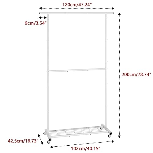 Sywhitta Double Rod Clothing Garment Rack, Rolling Coat Hanger with Bottom Mesh, Clothing Rack for Hanging Clothes, Coats, Skirts, Sweaters, White - color: White, size: With mesh