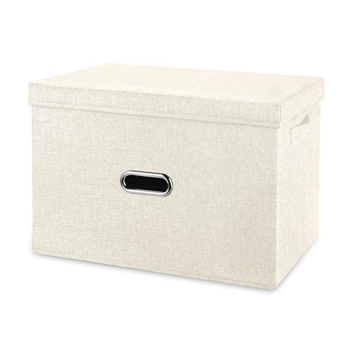 Large Linen Fabric Foldable Storage Bins with Removable Lid and Handles, Washable Storage Box Organizer Containers Baskets Cube with Cover for Bedroom,Office(Cream, Small) - color: Cream, size: Small