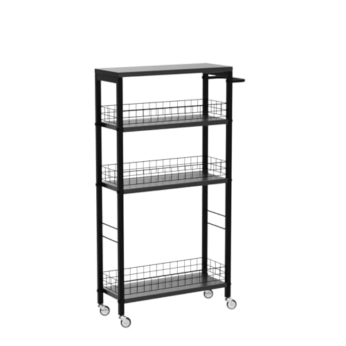 YBING Slim Storage Cart Kitchen Rolling Utility Cart on Wheels 4 Tier Mobile Narrow Cart with Wood and Metal Handle Slide Out Storage Shelving Unit Cart for Kitchen Living Room Small Places Black - color: Black