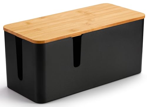 ZhiYo Bamboo Lid Cord Organizer Box, Safe ABS Cable Management Box for TV and Computer, Wood Cover Cord Hider to Hide Wires, Router, USB Hub & Under Desk Power Strip, 1 Pack L13.1 xW5.6 xH5.6 Black - color: Black, size: L