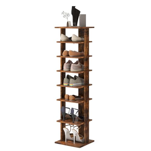 COSTWAY 8-Tier Vertical Shoe Rack, Tall Narrow Shoe Storage Organizer with Removable Shelf for Boots, Anti-Tipping Kit, Space-Saving Shoe Stand with for Small Place, Entryway, Closet (Rustic Brown) - color: Rustic Brown
