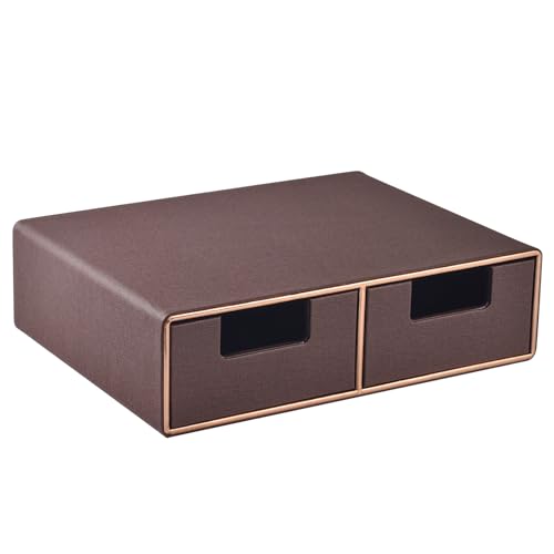 Linen Leather Desk Organizer and monitor stand with Drawers－Mini Desktop Drawer Organizer Stackable－Tabletop Organization Storage Box for Office Supplies Home Vanity Toiletries (Brown, 2-drawers) - color: Brown