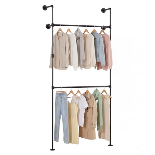 Giantex Industrial Pipe Clothing Rack, 42" Wall Mounted Heavy-Duty Metal Garment Organizer with 2 Hanging Rods, 2-Tier Walk-in Closet System for Wardrobe Closet, Retail Display - size: 42 Inches