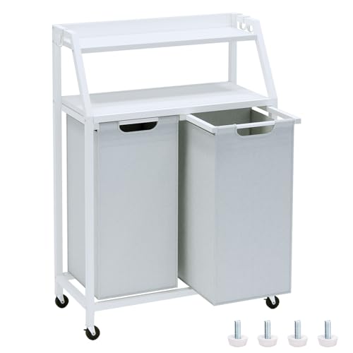 Timberer Laundry Hamper, Laundry Sorter 2 Section, Rolling Laundry Basket with Wheels, 2 Shelves, 2 × 14.5 Gal, Pull-Out and Removable Oxford Fabric Bags, for Laundry Room, White and Grey - color: White + Grey, size: 2 Bags (27.5"L x 12.9"W x 40.7"H)