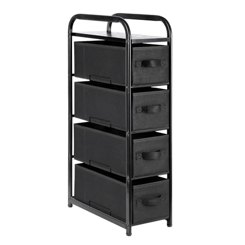 MAX Houser 4 Drawer Narrow Dresser Fabric Storage Tower Vertical Slim Storage Chest Organizer Nightstand Side/End Table Small Standing Organizer Removable Drawers Wood Top for Bedroom, Bathroom（Black) - color: Black4