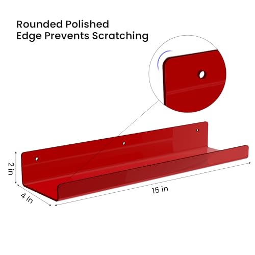 upsimples Acrylic Shelves for Wall Decor, 15" Display Shelf Perfume Organizer for Bathroom, Bedroom, Living Room, Floating Bookshelves for Kids, Clear Red, 4 Pack - color: Red