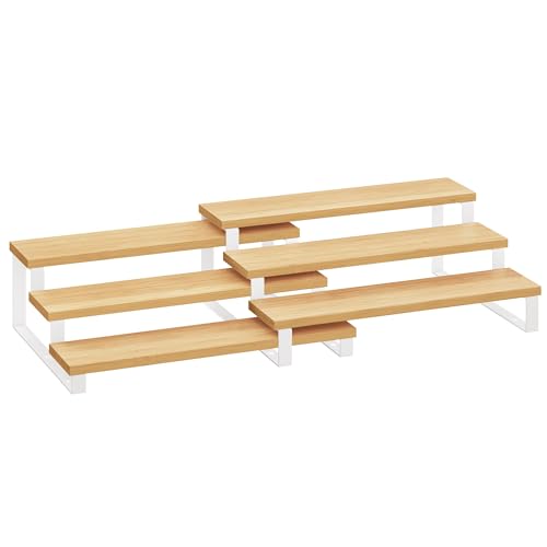 SONGMICS Display Risers, Set of 2 Engineered Wood Perfume Organizer Stand, 3-Tier Cupcake Stand Holder, Spice Rack, Shelf Risers for Figures, Dessert Shelves, Natural Beige and Cloud White UKCS016N02 - color: Natural Beige + Cloud White, size: 3 Tiers