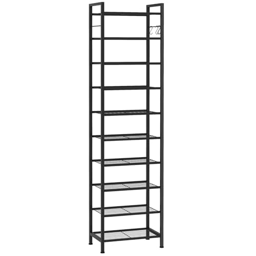 usikey 10 Tiers Narrow Shoe Rack 20-30 Pairs, Sturdy Metal Tall Shoe Rack Shelf with 4 Hooks, Slim Shoe Storage with Metal Shelf, Space Saving Vertical Shoe Organizer for Entryway Black UNYXJX018H - color: 10 Tier ( 17.9 X 11 X 69.2 Inches)-black