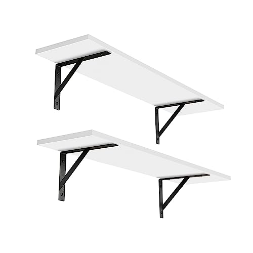 DINZI LVJ Long Wall Shelves, 24 Inch White Floating Shelves Set of 2, Easy-to-Install, Wall Storage Ledges with Sturdy Metal Brackets for Living Room, Bathroom, Bedroom, Kitchen, White - color: White, size: 23.6 Inch