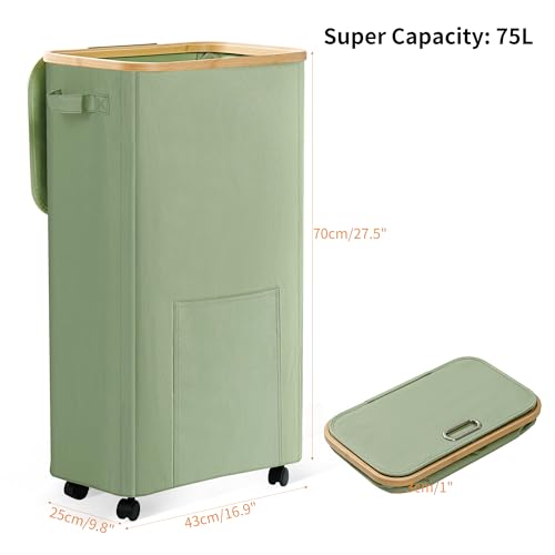 Vincona Laundry Basket with Wheels, Dirty Clothes Hamper on Wheels, Rolling Tall Laundry Hamper with lid for Laundry Room, Dorm and Bathroom, 75L Sage Green - color: Sage Green, size: 75L