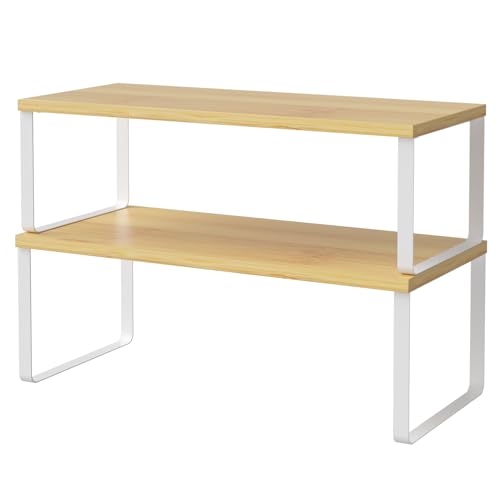NEX Bamboo Cabinet Organizer Shelf, Set of 2 Kitchen Counter Shelves, Spice Rack, Stackable Kitchen Shelves Organizer, Pantry Cupboard Dish Mug Cup Storage Shelf, White and Natural - color: Cloud White + Natural Beige, size: 15.6''W