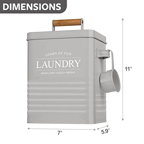 Calindiana Modern Farmhouse Metal Laundry Soap Dispenser Container Holder with Scoop for Laundry Room Decor and Space Saving Laundry Room Organization and Storage, Laundry Powder Container, Grey - color: GREY