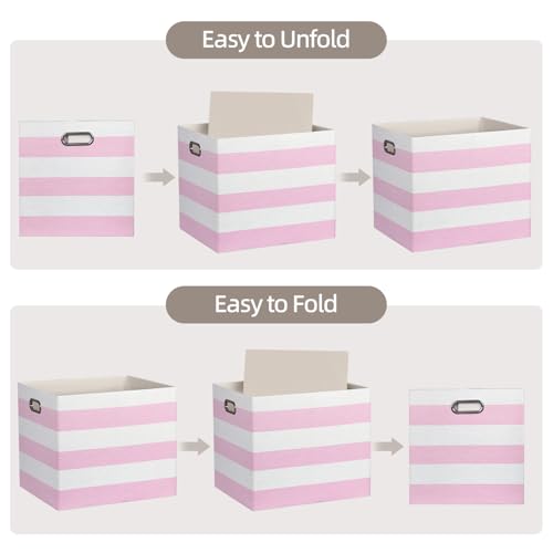 13x15x13 Storage Cube Bins, Foldable Storage Cubes, Fabric Organizer Basket Bin, Striped Containers Decorative Storage Boxes for Shelves Wardrobe Closet Home Office, 4 Pack, Pink/White - color: Pink/White