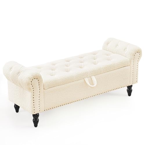 Furnimart Storage Ottoman Bench for Queen Size Bed, Faux Fur Upholstered Storage Bench Accent Bench with Rolled Arms for Bedroom,Living Room, Entryway, 2.5Cubic Feet - color: Faux Fur White