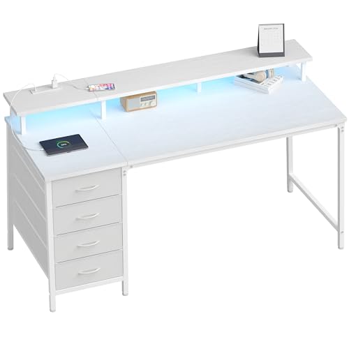 DUMOS Computer Desk with 4 Drawers,4 Drawer Gaming Desk with Power Outlets and LED Lights,Office Desk for Small Spaces with Monitor Shelf,Writing Desk for Home Office, Bedroom,Study 45 Inch White - color: White, size: 47-In